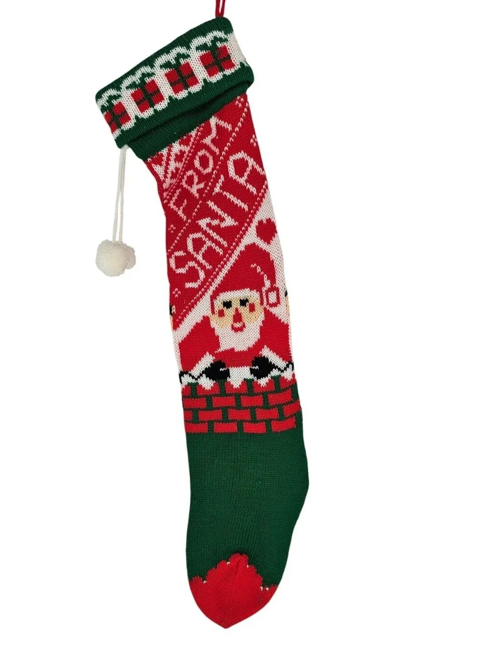 Vintage 80s 90s Machine Knit Christmas Stocking From Santa Claus Red Green
